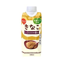Front view of product: Sujahta Meiraku Kinako Roasted Soybean Flour Soymilk Beverage with Organic Soybeans